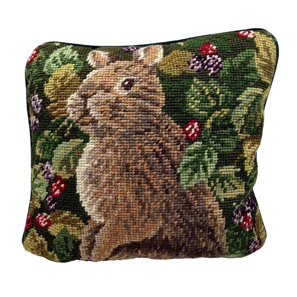 VTG Needlepoint Woodland Rabbit Pillow Forest Green Velvet cottage core country